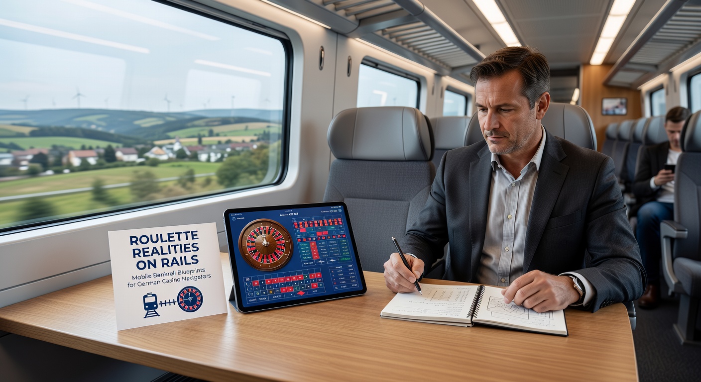 Grafik mit Schienenpfaden, die Bankroll-Strategien darstellen, inklusive Roulette-Rad und Smartphone-Integration für deutsche Spieler